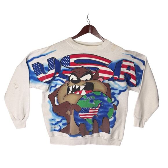 VTG TAZ 1995 Warner Bros FREEZE USA FLAG ALL OVER PRINT Sweatshirt SIZE XL - Picture 1 of 11